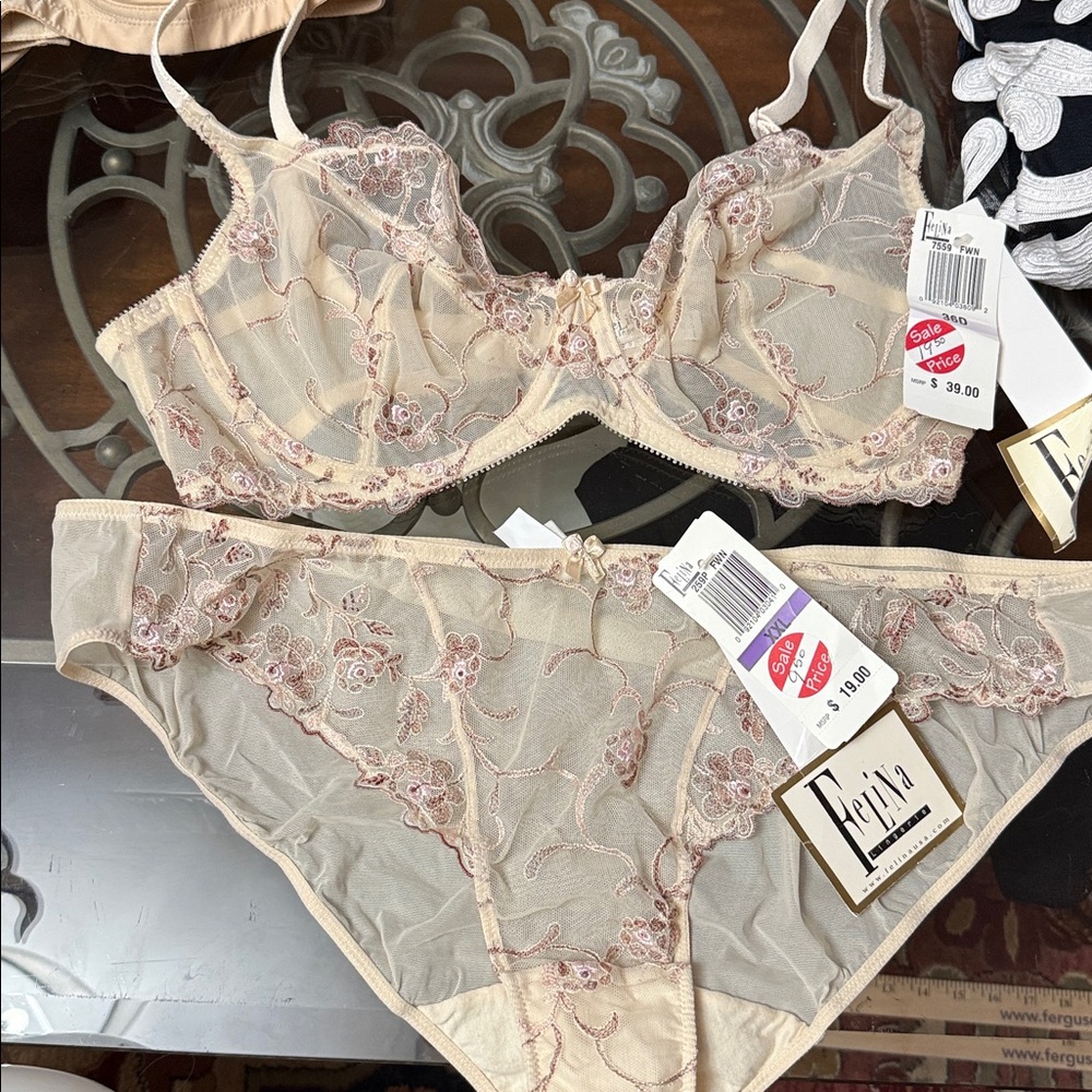 Felina Elegant Embroidered Sheer Bra & Panties  36D & XXL new